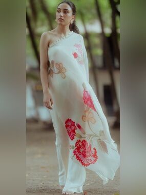 Paulmi & Harsh One Shoulder Off-White Floral Crepe Dyed Pant Set